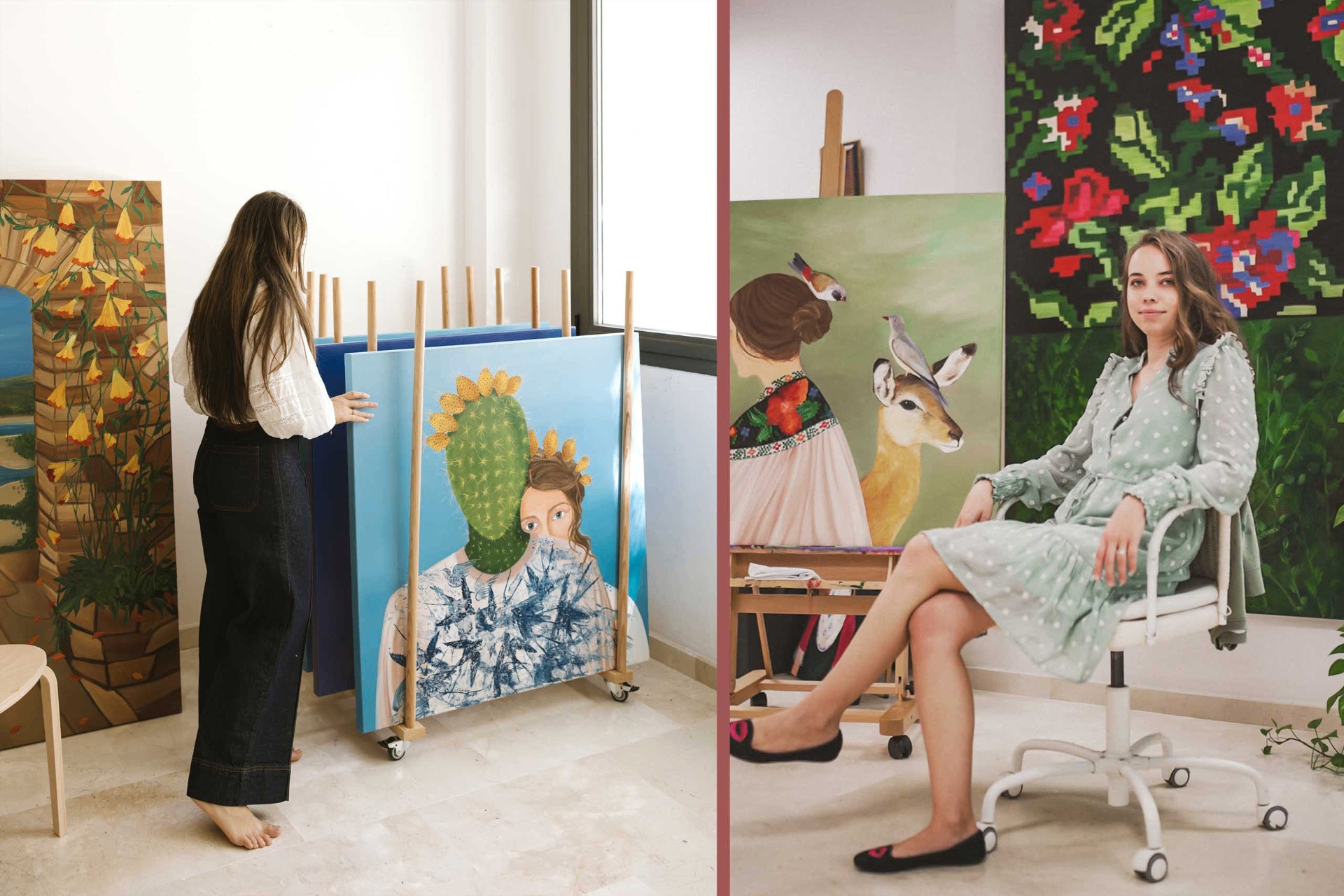 Elleny Gherghe in her studio among her paintings, photographed for I AM ART