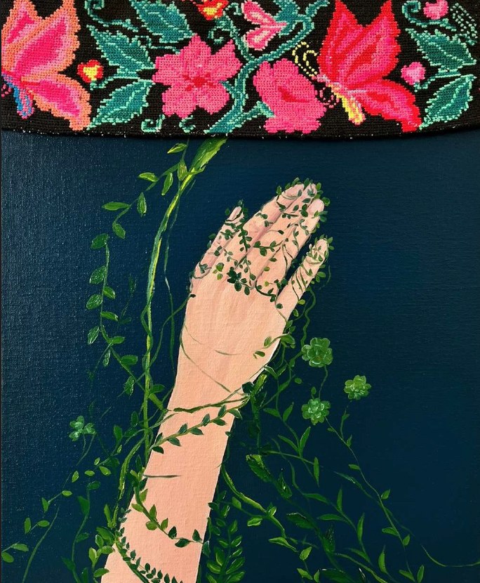 Reaching Out to the Roots, 2023, Oil on canvas and Romanian traditional textile, by Elleny Gherghe