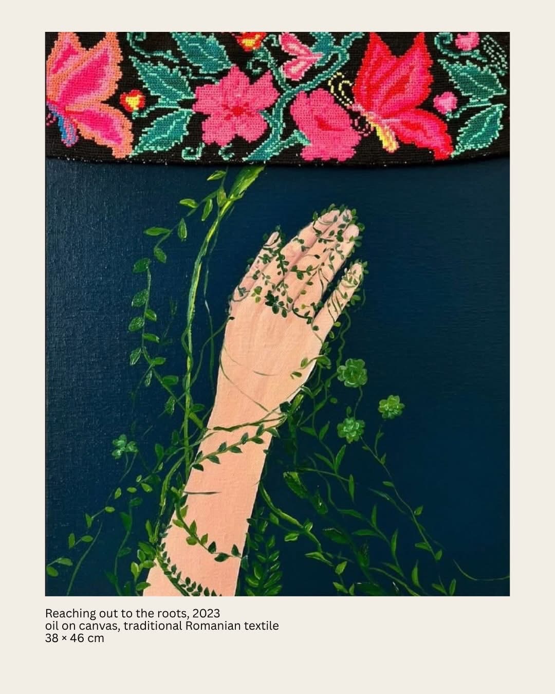 Reaching out to the roots, 2023, oil on canvas, traditional Romanian textile, 38 × 46 cm
