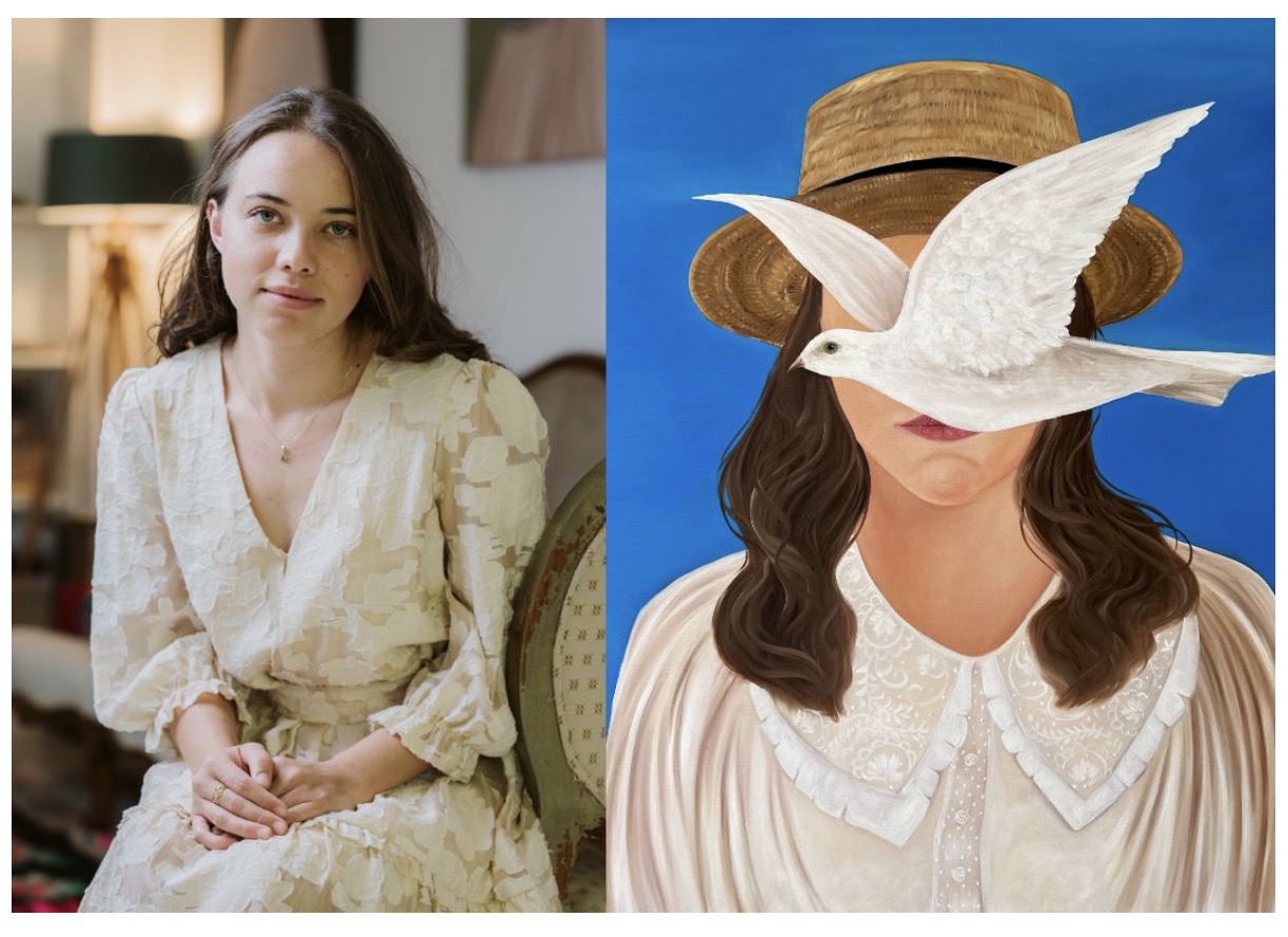 Elleny Gherghe beside her painting The Birds Charmer for A List Magazine