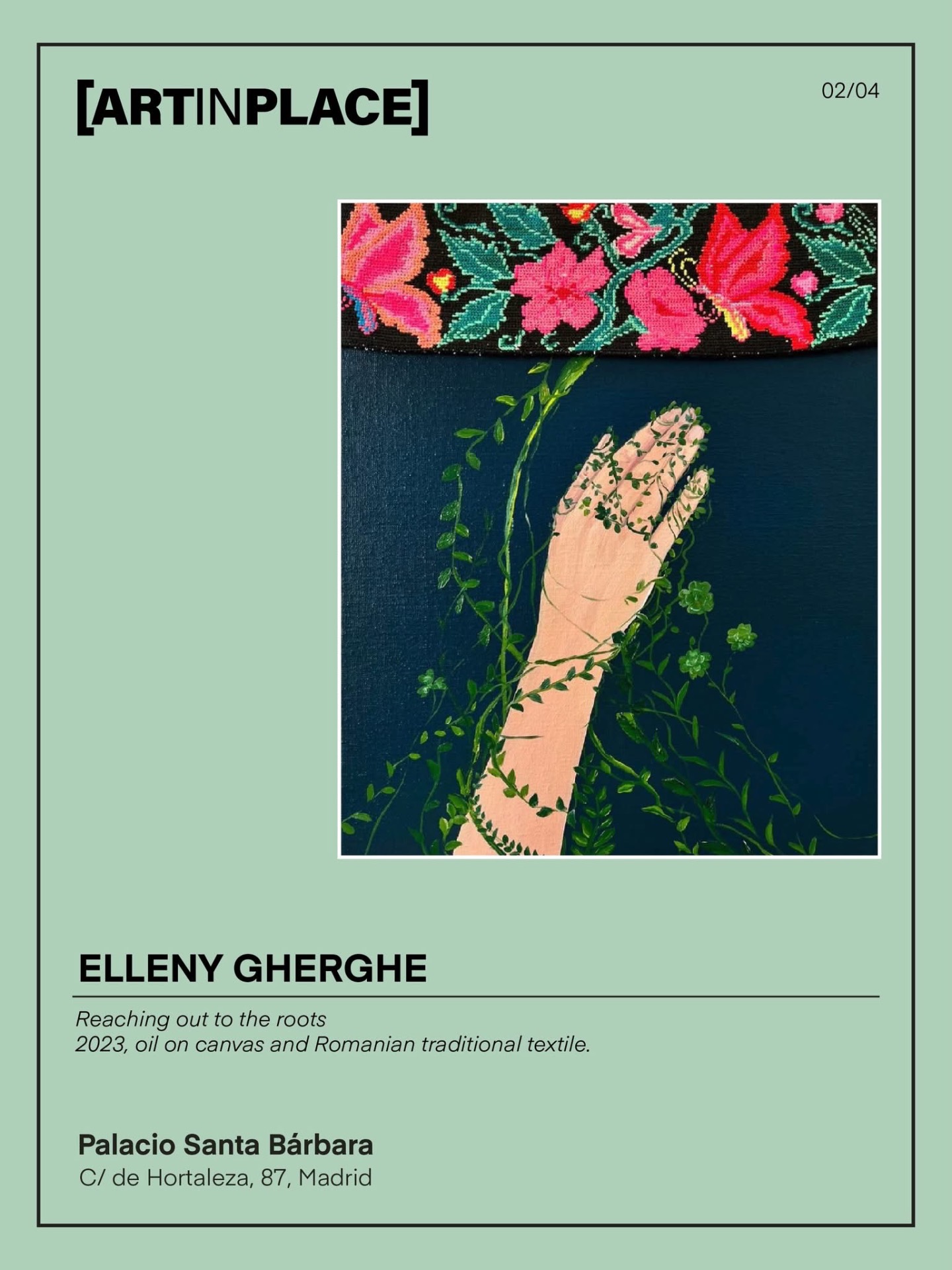 ART IN PLACE — Reaching out to the roots, 2023, oil on canvas and Romanian traditional textile